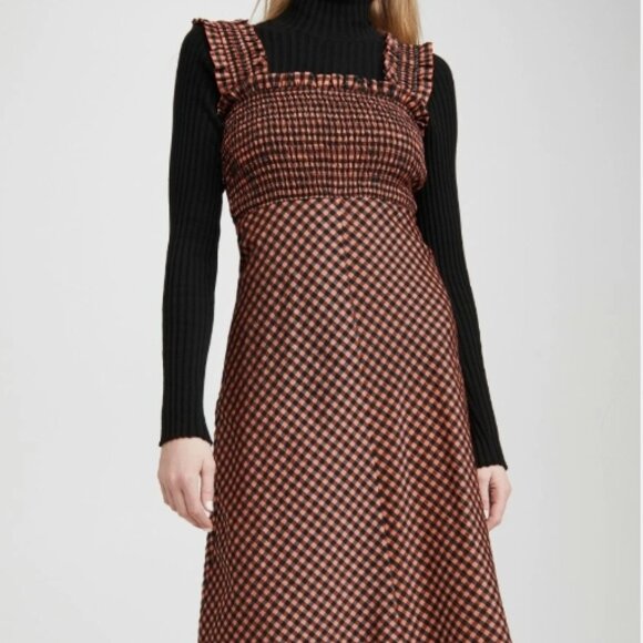 NWOT GANNI Seersucker Check Black/Orange Long Dress L $289 - Picture 2 of 13